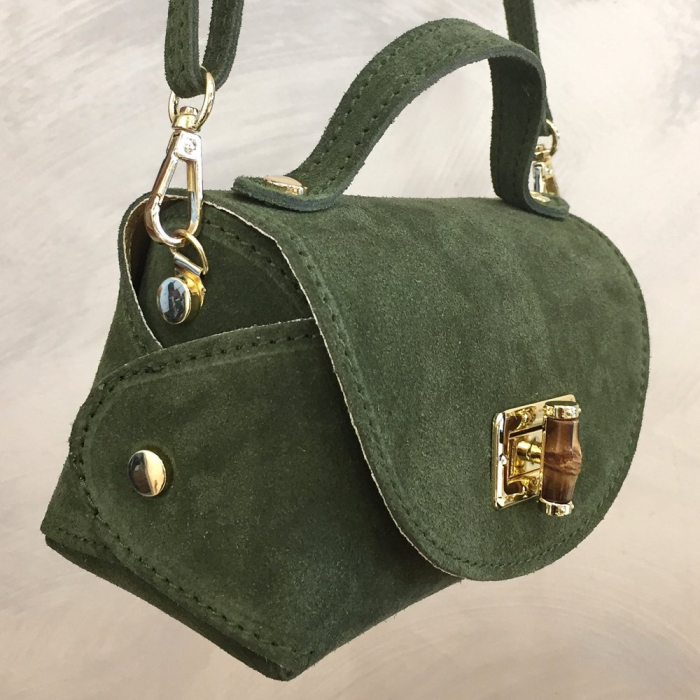 Mini sac à main en cuir véritable façon daim avec bandoulière – Réf. 0926028 vert kaki