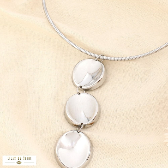 Collier acier contemporain pendentif multi-disques 0126017 argenté