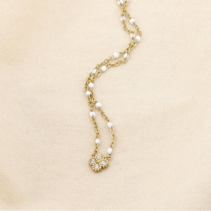 Collier acier inox strass émail chapelet trèfle 0126147 blanc