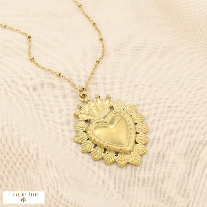 Collier acier inoxydable pendentif cœur solaire 0125591 doré