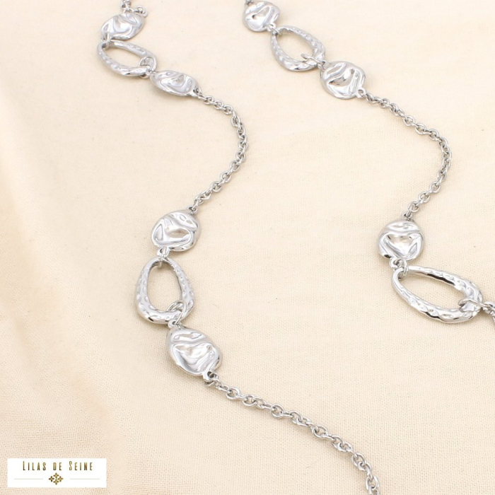 Collier sautoir acier inoxydable texturé martelé 0126098 argenté