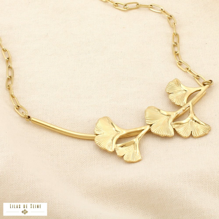 Collier acier inoxydable structuré feuilles ginkgo 0126102 doré