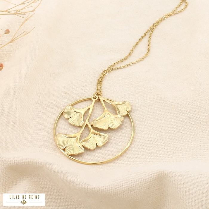 Collier acier inoxydable ajouré feuilles ginkgo 0126108 doré