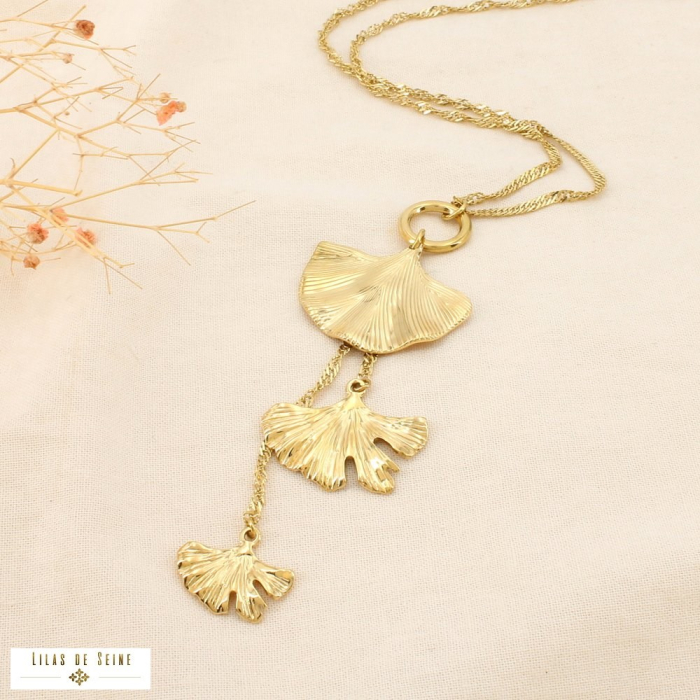 Collier sautoir acier inoxydable feuilles ginkgo 0126103 doré