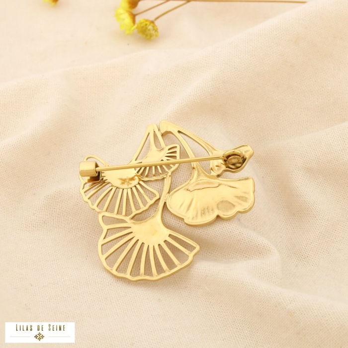 Broche épingle acier inoxydable feuilles ginkgo 0526020 doré