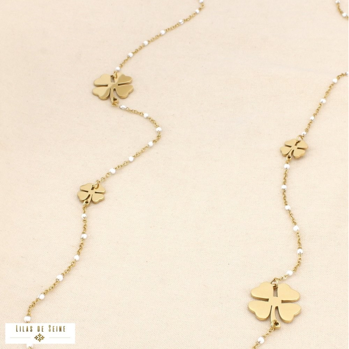 Collier sautoir trèfle acier inoxydable émail 0126111 blanc