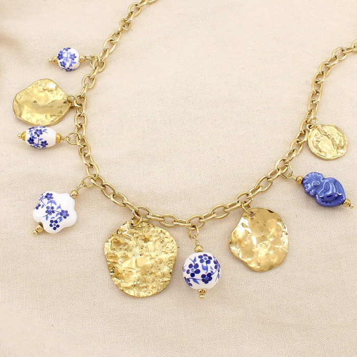 Collier acier martelé charms céramique fleur cœur 0126166 bleu foncé