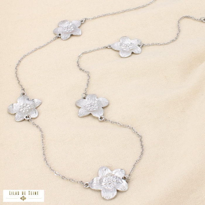 Collier sautoir fleurs acier inoxydable texturé 0126110 argenté