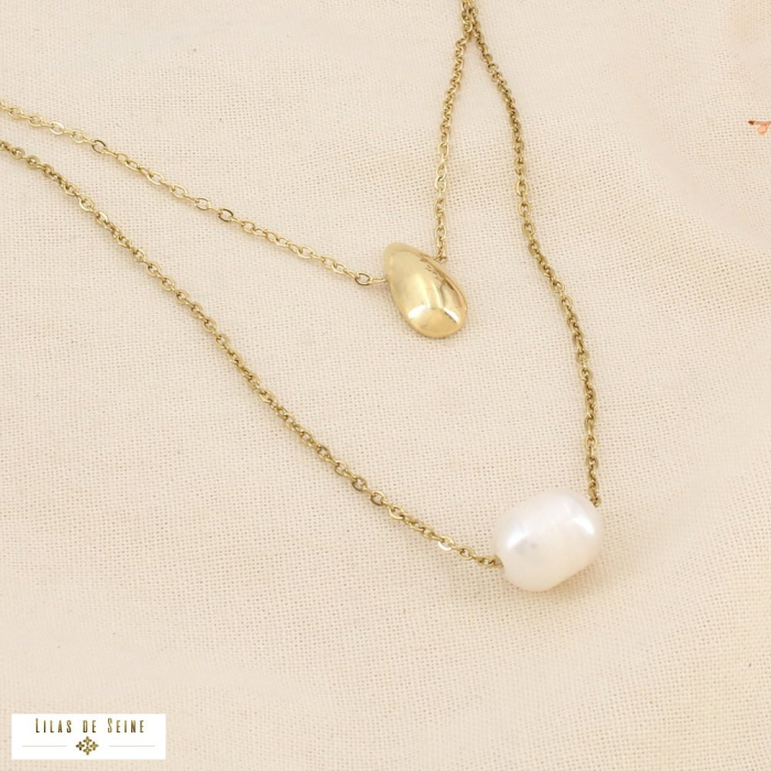 Collier double rang acier inox perles d’eau douce 0126077 doré