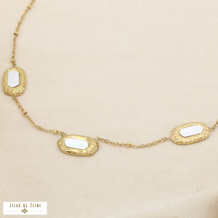 Collier acier inoxydable martelé billes nacre 0126072 doré