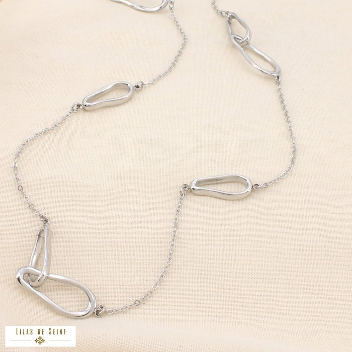 Collier sautoir acier maillons organiques entrelacés 0126114 argenté