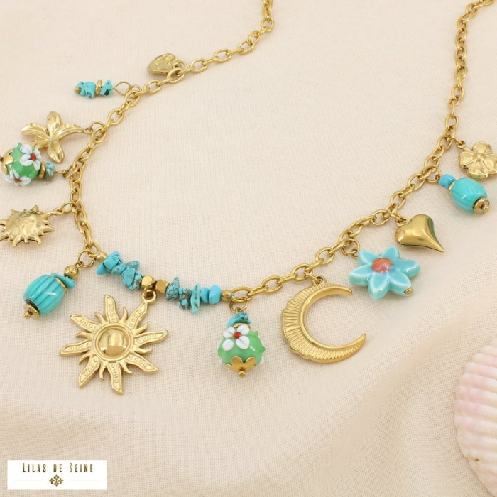 Collier acier breloque verre céramique charms bohème 0126058 bleu