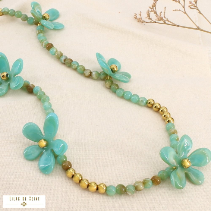 Collier sautoir acier inoxydable résine marbré fleur 0126133 vert