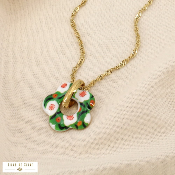 Collier acier inoxydable émail pendentif floral 0126015 vert