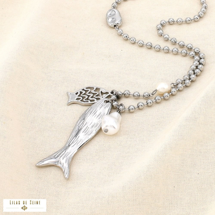 Collier sautoir acier marin perles poissons billes 0126014 argenté