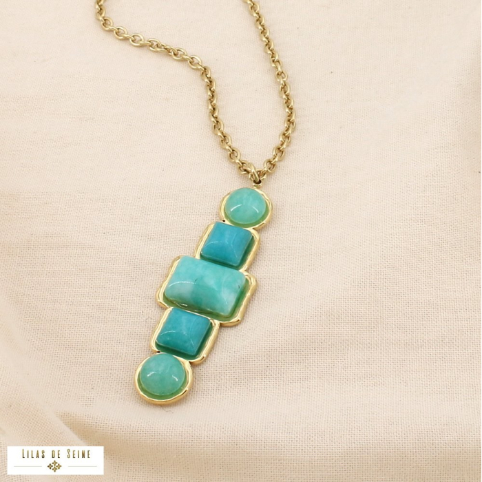 Collier sautoir acier pendentif pierre nacre résine 0126126 bleu turquoise