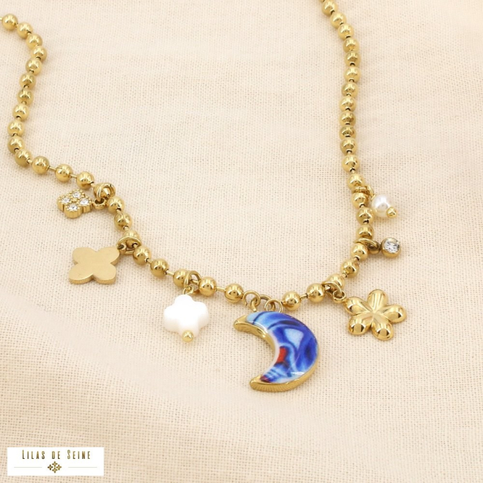 Collier acier inox pampilles charms lune trèfle 0126169 doré