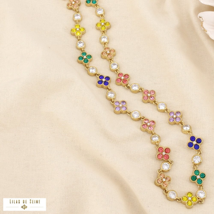 Collier acier inoxydable strass trèfles multicolores 0126127 multi