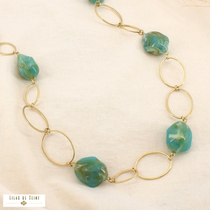 Collier sautoir acier ovale résine effet marbré 0126134 vert