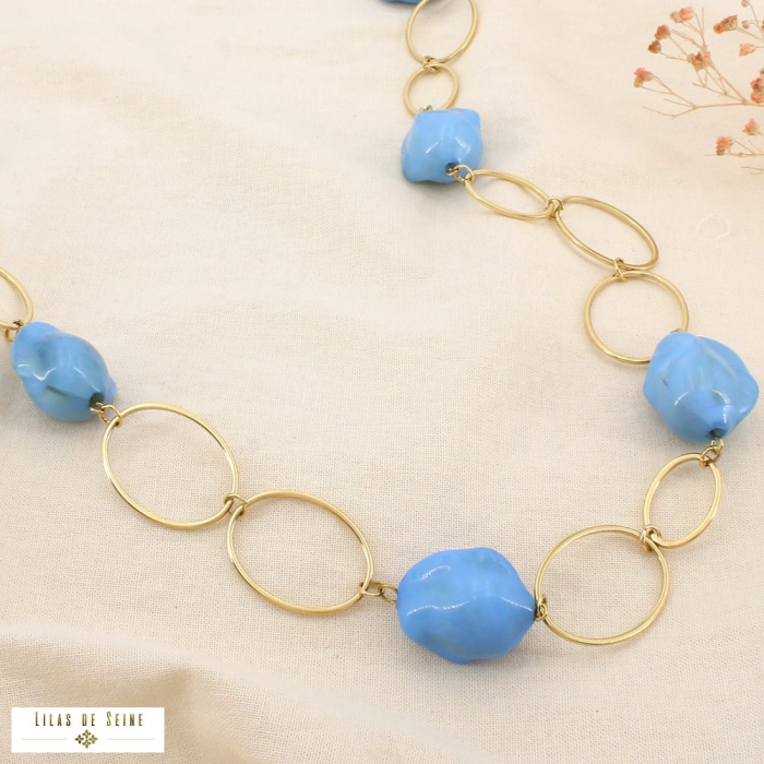 Collier sautoir acier ovale résine effet marbré 0126134 bleu ciel