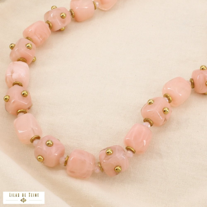Collier acier inoxydable tube résine marbrée cristal 0126137 rose nude