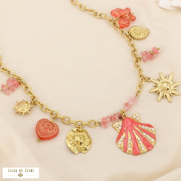 Collier acier coquillage cœur soleil papillon perle 0126062 rouge