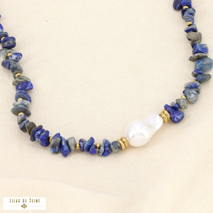 Collier acier inoxydable pierre perle acrylique 0126001 bleu foncé
