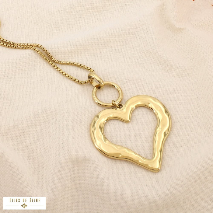 Collier sautoir acier inoxydable cœur martelé 0126186 doré