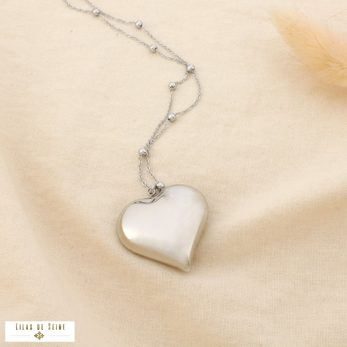 Collier sautoir acier inox billes pendentif cœur 0126130 argenté