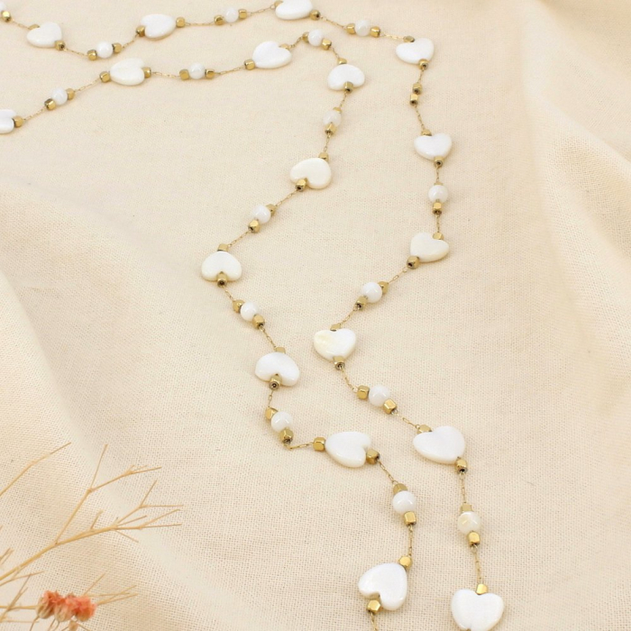 Collier sautoir acier inoxydable nacre bille cœur 0126096 blanc