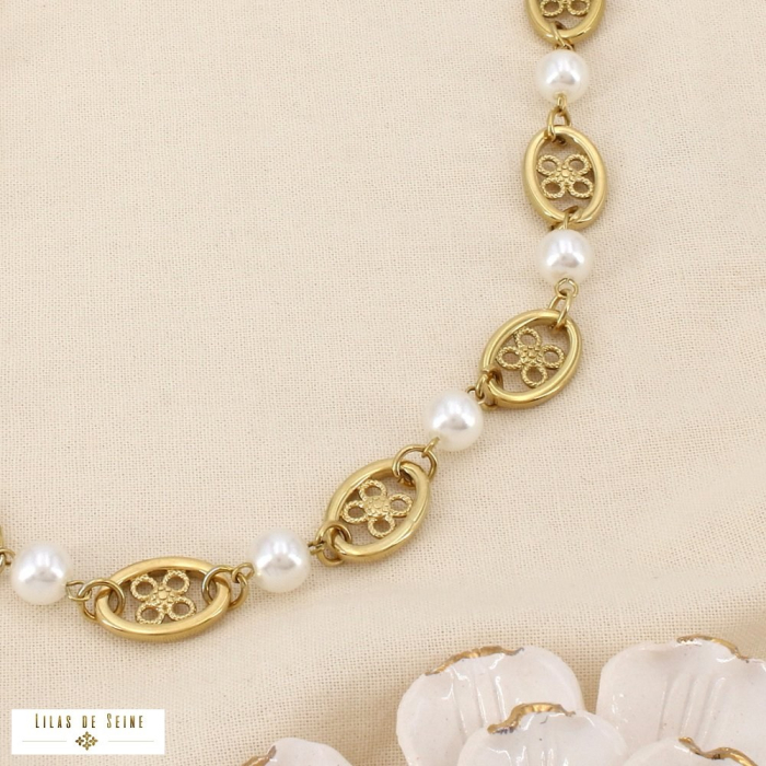 Collier acier inox ajouré perles acryliques fleurs 0126132 doré