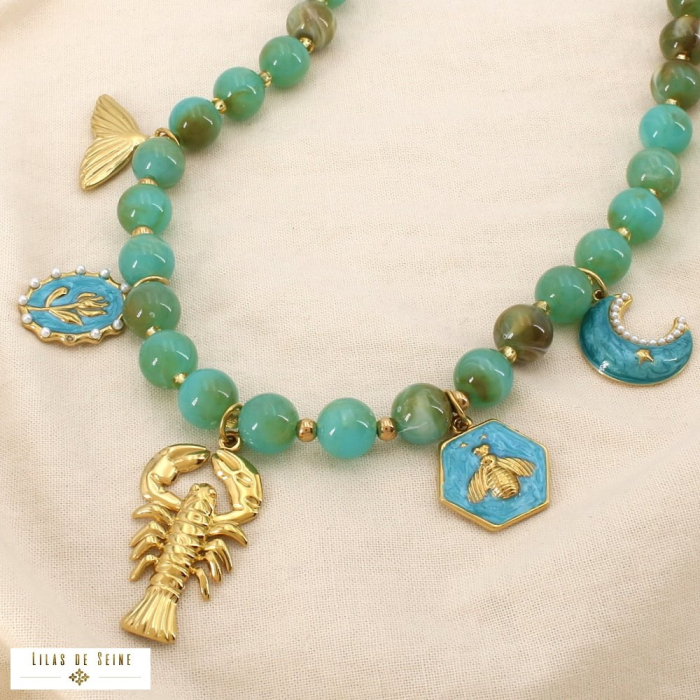 Collier acier résine émail perle marin breloques 0126051 vert