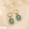 Boucles d’oreilles fleur acier émail perle acrylique 0326107 bleu turquoise