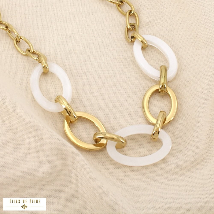 Ce collier acier inoxydable résine marbrée ovale 0126188 blanc