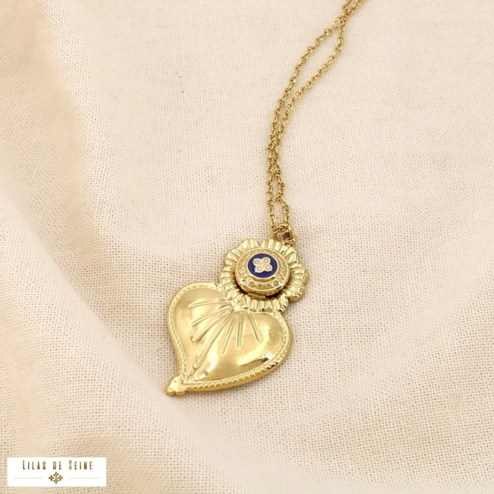 Collier acier inoxydable émaillé cœur motif trèfle 0126179 doré