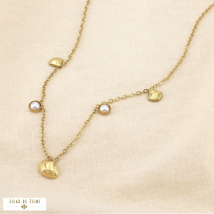 Collier acier inox marin coquillage perle acrylique 0126189 doré