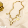 Collier acier tête taureau corne résine coeur soleil 0126131 doré