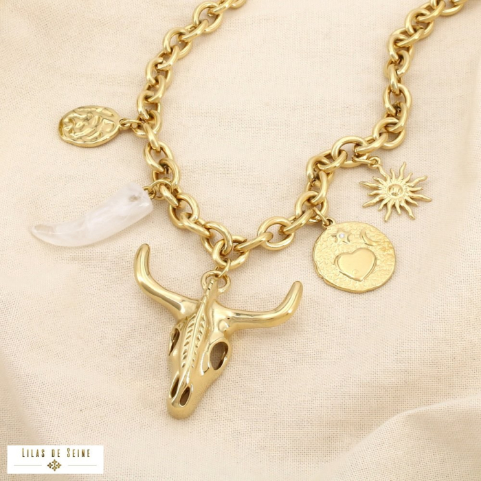 Collier acier tête taureau corne résine coeur soleil 0126131 doré