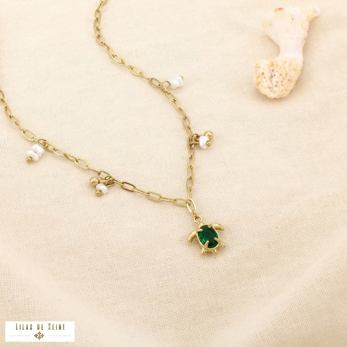 Collier tortue acier inox perle acrylique strass 0126157 vert