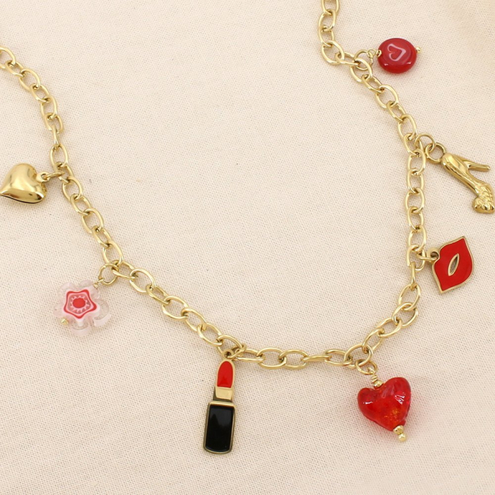 Collier charms breloques acier verre acrylique émail 0126190 rouge
