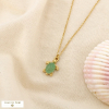 Collier acier pendentif tortue cabochon pierre nacre 0124160 vert