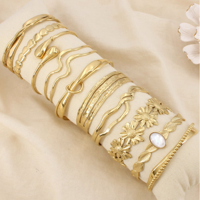 Ensemble 10 bracelets acier inoxydable jonc ouvert 0226073 doré