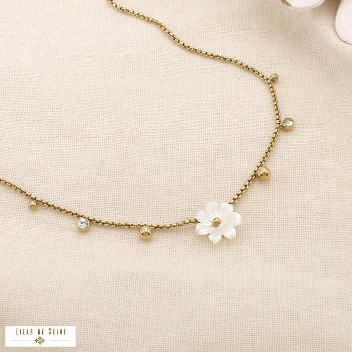 Collier acier inoxydable nacre strass fleur bille 0126154 doré