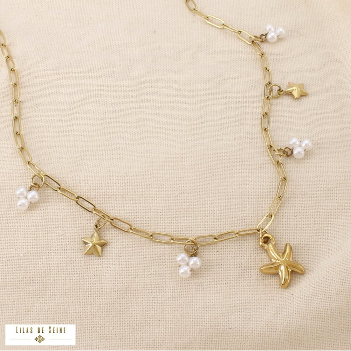 Collier étoile de mer acier inox perles acryliques 0126160 doré