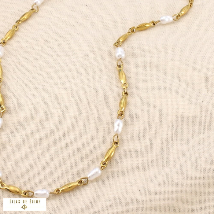 Collier acier inoxydable perle acrylique 0126163 doré