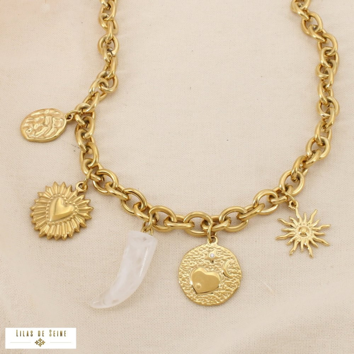 Collier acier inoxydable corne résine coeur soleil 0126198 doré