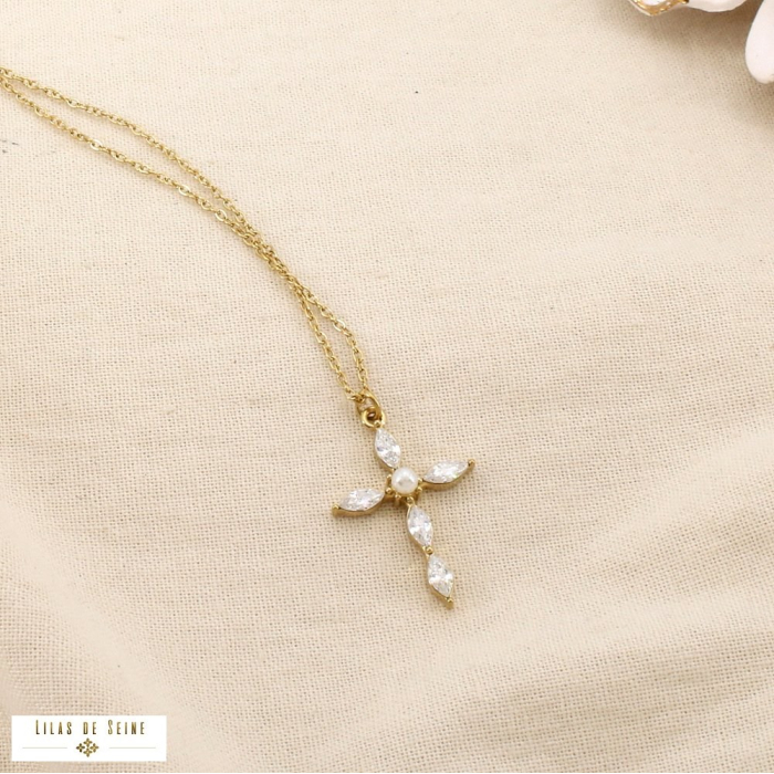 Collier croix acier inox perle acrylique strass 0126181 doré