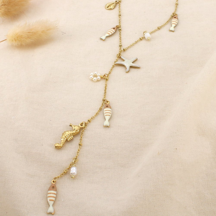 Collier forme Y marin acier inoxydable perle nacre 0126196 naturel/beige