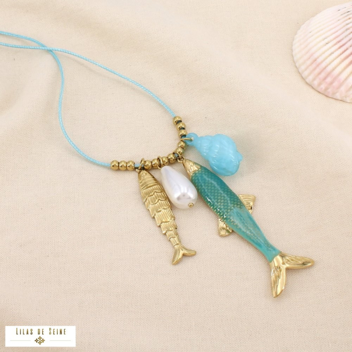 Collier fermoir coulissant marin acier cordon émail 0126200 bleu turquoise