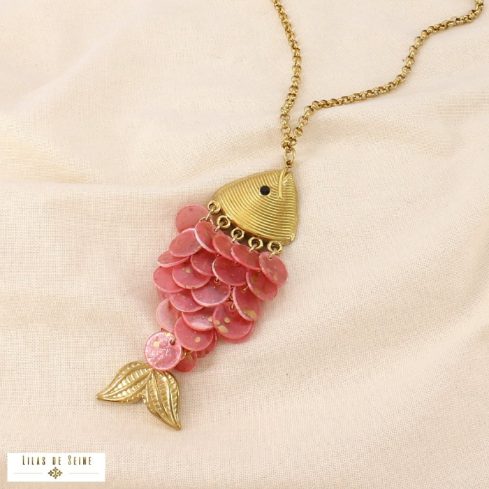 Collier sautoir poisson acier inox nacre strass 0126201 rose